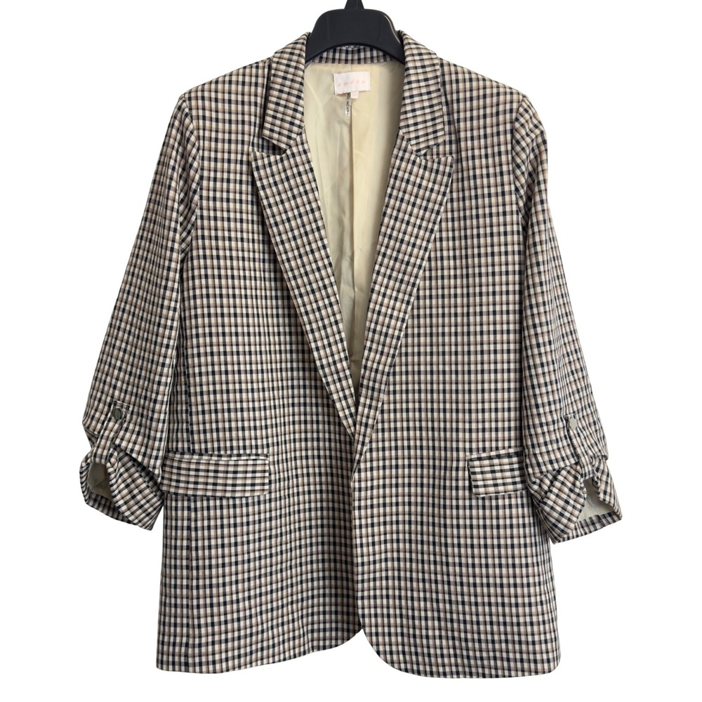 Entro Women Medium Brown Plaid Ruched 3/4 Sleeve Open Front Blazer Jacket
